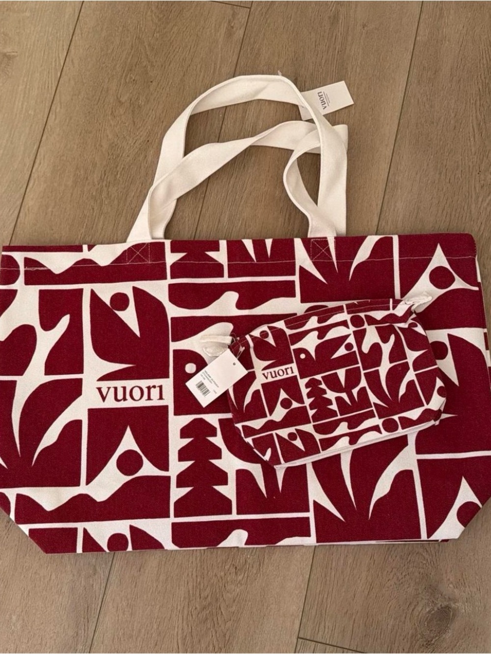 Vuori Crimson & White Geometric Canvas Tote with Pouch